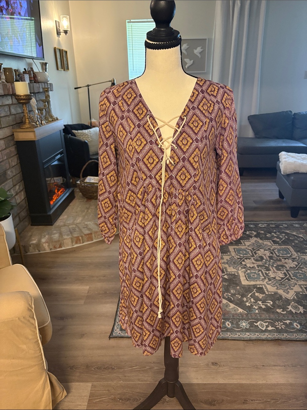 Boho Lace-Up Diamond Print Dress in Purple and Mustard